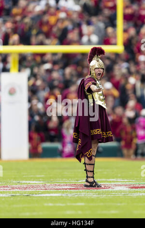 January 2, 2017 - California, USA -   USC Trojan mascot Tommy Trojan pumps us the crowd before the Rose Bowl Game between Penn State Nittany Lions and University of Southern California Trojans at Rose Bowl Stadium in Pasadena, California.  USC won 52-49. (Credit Image: © Scott Taetsch via ZUMA Wire) Stock Photo