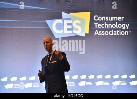 Las Vegas, Nevada, USA, 3rd January, 2017.  Steve Koenig, Senior Director of Market Research of the Consumer Technology Association, giving a presentation, “Exploring the Global Consumer Tech Industry,” just before 'CES Unveiled,' a media preview event for the CES (Consumer Electronics Show). CES, the world's largest annual consumer electronics trade show, runs from January 5-8 and is expected to feature 3,800 exhibitors showing off their latest services and products to more than 165,000 attendees representing more than 150 countries.  John D. Ivanko/Alamy Live News Stock Photo