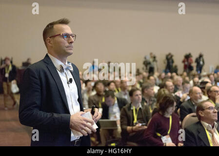 Las Vegas, USA. 3rd Jan, 2017. Shawn DuBravac, head economist with teh Consumer Technology Association (CEA), speaking about trends in electronic consumer goods at the CES consumer technology show in Las Vegas, USA, 3 January 2017. Photo: Jason Ogulnik/dpa/Alamy Live News Stock Photo