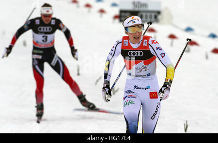 Oberstdorf, Germany. 04th Jan, 2017. Stina Nilsson of Sweden cheers after her victory in the women's pursuit race during the FIS Tour de Ski in Oberstdorf, Germany, 04 January 2017. The Tour de Ski is taking place on 03 and 04 January 2017 in Oberstdorf. Photo: Karl-Josef Hildenbrand/dpa/Alamy Live News Stock Photo