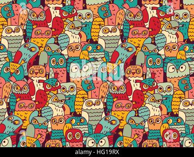 Funny owls birds group color seamless pattern Stock Vector