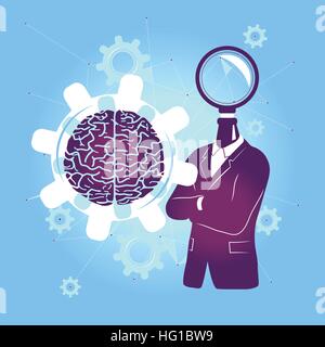 Search the Mind / Looking at the Brain. Vector illustration with Brain and Blue Background. Stock Vector