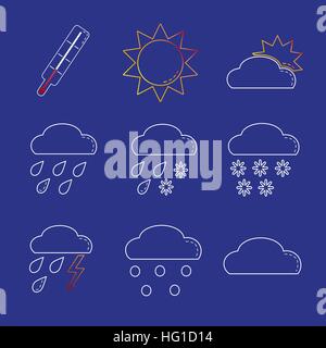 Weather sign icon set in line style on blue background Stock Vector