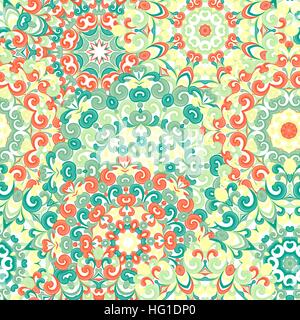 Seamless colorful ethnic pattern with mandalas in oriental style. Round doilies with green, orange and yellow curls and swirls weaving in arabesque traditional lace ornament. Vector illustration. Stock Vector