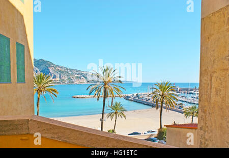 The view on the coast of Menton and its port from the rampe Saint-Michel, the zigzag staircase, leading to the old town, France. Stock Photo