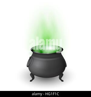 Cartoon Halloween witch cauldron with potion and stream isolated on white background. Black pot with magic brew. Vector illustration. Stock Vector