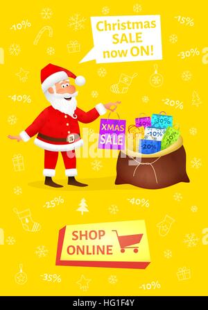 Xmas banner with button shop online. Sale poster with flat funny man character holding shopping bag on Christmas background. Discount placard template. Santa Claus cartoon vector illustration. Stock Vector