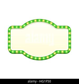 Blank 3d retro light sign with shining bulbs isolated on white background. Green street signboard with yellow and green marquee lights. Advertising frame with glow. Colorful vector illustration. Stock Vector