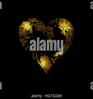 Heart of light dots and stars on a black background isolated. The stylized image of a rooster. illustration Stock Vector