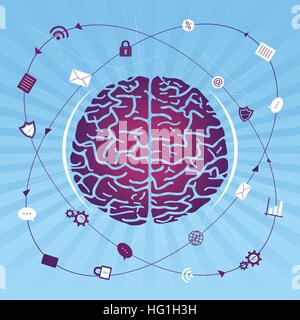 Search the Mind / Traffic in the Brain. Vector illustration with Brain and Blue Background. Stock Vector
