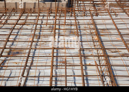 A rebar grid is set up for concrete reinforcement Stock Photo