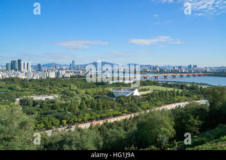 CItyscape of Mapo-gu with Skyscrapers, World Cup Park and Han-river in Seoul, Korea Stock Photo
