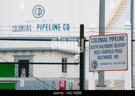 A logo sign outside of a Colonial Pipeline Company facility in Baltimore, Maryland on December 11, 2016. Stock Photo