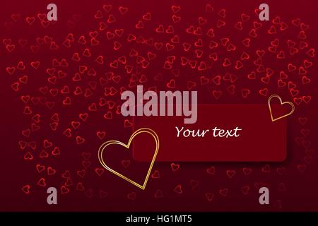 Two golden gradient frame hearts are on the dark red rectangle with shadow. The rectangle is ready for your text. Stock Vector