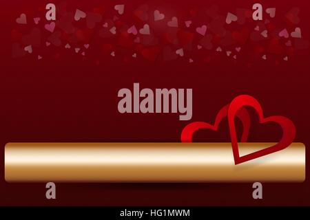 Two red hearts frame are in the right side of the vector. Golden gradient rectangle is ready for your text. Stock Vector