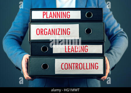 Four basic functions of management process in business organization - planning, organizing, leading and controlling. Stock Photo