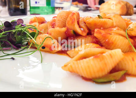 Italian pasta shells with vegetables and tomato sauce. Extreme shallow depth of field. Stock Photo