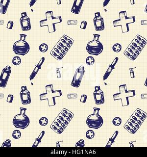 Vector doodle seamless illustration. Medicine icons Stock Vector