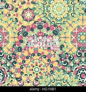 Seamless colorful ethnic pattern with mandalas in oriental style. Round doilies with green, pink, yellow curls and swirls weaving in arabesque traditional lace ornament. Vector illustration. Stock Vector