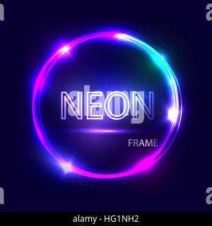 Neon round glowing frame. Electric circle on dark background. Light banner with glow. Bright sign with flares and sparkles. Vintage vector illustration. Stock Vector