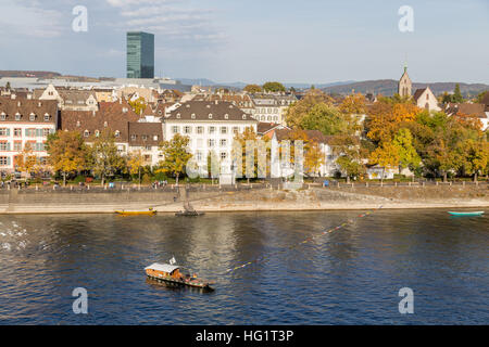 Basel, Switzerland - October 24, 2016: Historic passenger ferry crossing the Rhine river Stock Photo