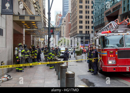 New York, United States of America - November 20, 2016: Firemen waiting in front of the  Grand Central Market in Manhattan Stock Photo