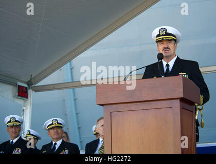 141011-N-FR671-505 SAN FRANCISCO (Oct. 11, 2014) – Capt. Robert A. Hall Jr., commanding officer of amphibious assault ship USS America (LHA 6), delivers remarks at the ship’s commissioning ceremony. America is the first ship of its class and the fourth to bear the name.  She replaces the Tarawa-class of amphibious assault ship as the next generation “big-deck” amphibious assault ship and is optimized for aviation and capable of supporting current and future aircraft such as the MV-22 Osprey and F-35B Joint Strike Fighter. (U.S. Navy photo by Mass Communication Specialist 2nd Class Jonathan A.  Stock Photo