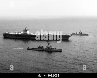 USS Enterprise (CVAN-65) underway in the Gulf of Tonkin with USS Nicholas (DD-449) and USS O'Bannon (DD-450) on 6 March 1968 Stock Photo