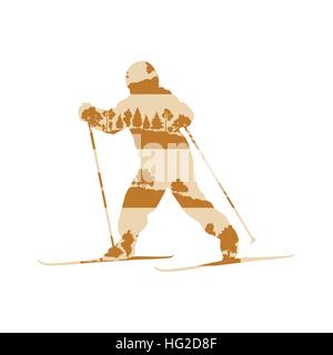 Children cross country skiing concept of little boy made of forest trees fragments isolated on white Stock Vector