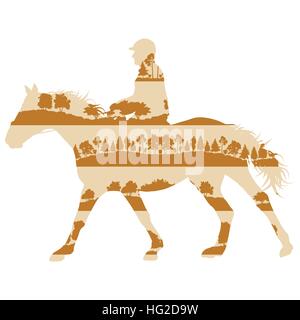 Rider and horse equestrian sport vector background concept made of forest trees fragments isolated on white Stock Vector