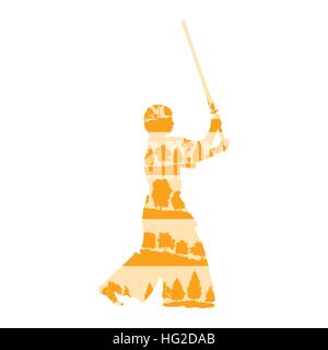 Kendo fighter with shinai vector background concept made of trees fragments isolated on white Stock Vector
