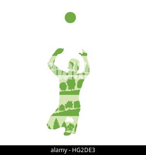Volleyball player in action vector background concept made of forest trees fragments isolated on white Stock Vector