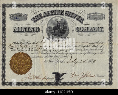 1879 Alpine Silver Mining Company Stock Certificate - Rare Early Colorado Document - USA Stock Photo