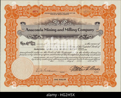 1936 Anaconda Mining and Milling Company Stock Certificate - Deadwood, South Dakota - USA Stock Photo
