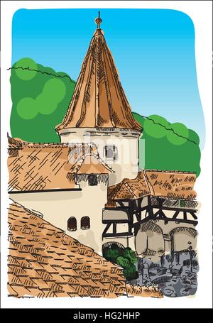Digital vector castle sketch with blue sky Stock Vector