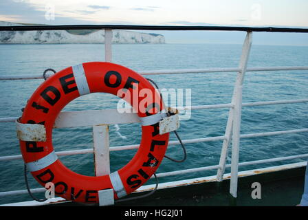 Life buoy on a ferry 'Pride of Calais' heading to Dover Stock Photo
