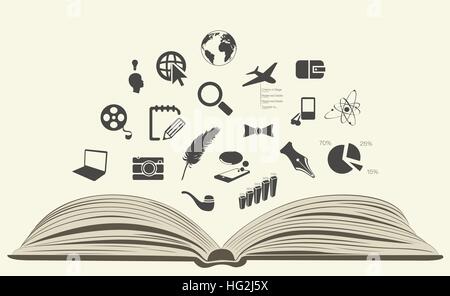 flying icons drawn from an open book Stock Vector