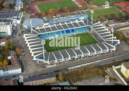 Aerial view, VONOVIA Ruhrstadion, renaming, riot police between ...