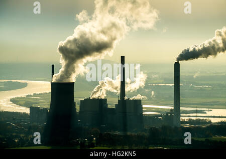 Aerial view, coal power plant Voerde, Steag Energy Services GmbH, Voerde, river rhine, Smoke, emission, Ruhr area, Stock Photo