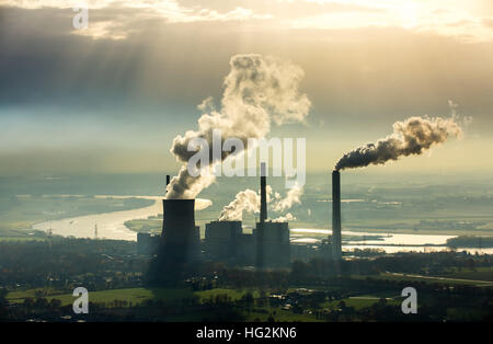Aerial view, coal power plant Voerde, Steag Energy Services GmbH, Voerde, river rhine, Smoke, emission, Ruhr area, Stock Photo