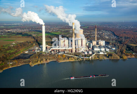 Aerial view, coal power plant Voerde, Steag Energy Services GmbH, cargo ship on the Rhine, inland navigation, Voerde, Stock Photo