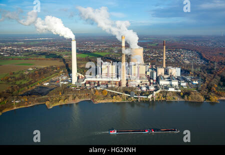 Aerial view, coal power plant Voerde, Steag Energy Services GmbH, cargo ship on the Rhine, inland navigation, Voerde, Stock Photo