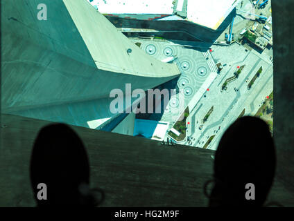 View looking straight down 342 metres through glass floor in CN Tower Stock Photo