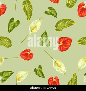 Seamless pattern with flowers spathiphyllum and anthurium Stock Vector