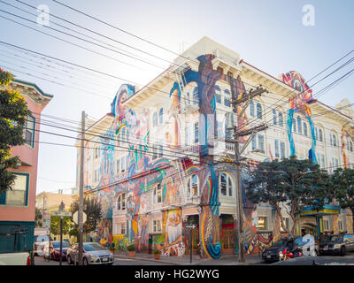 The stunning MaestraPeace mural on the exterior of The Women's Building in the Mission District of San Francisco, California. Stock Photo