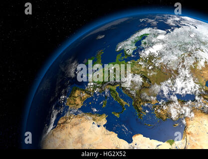 Earth viewed from space showing Europe. Realistic digital illustration including relief map hill shading of terrain. Please credit Nasa.