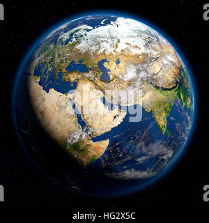 Earth viewed from space showing Middle East. Realistic digital illustration including relief map hill shading of terrain. Please credit Nasa. Stock Photo