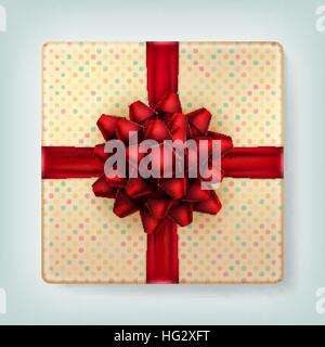 Red bow on polka dot gift box top view. EPS10 Stock Vector
