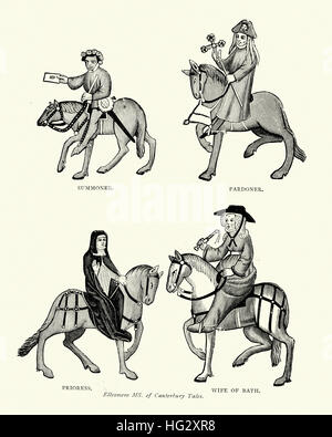 Characters from Geoffrey Chaucer's, Canterbury Tales, Summoner, Pardoner, Prioress and Wife of Bath Stock Photo