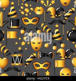 Carnival seamless pattern with gold icons and objects. Celebration party background Stock Vector